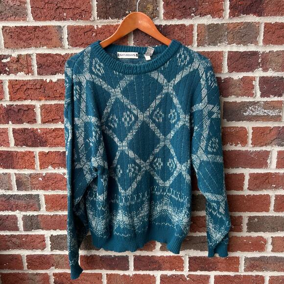Vintage Teal Geometric Crewneck Sweater Saturdays Size Large - Picture 1 of 3